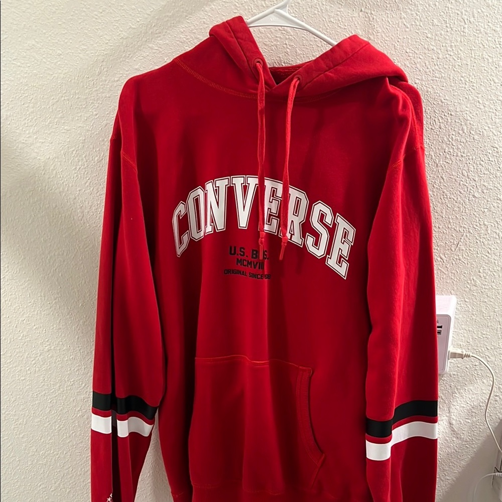 Converse Red Hoodie with Classic Logo and Stripe Accents
